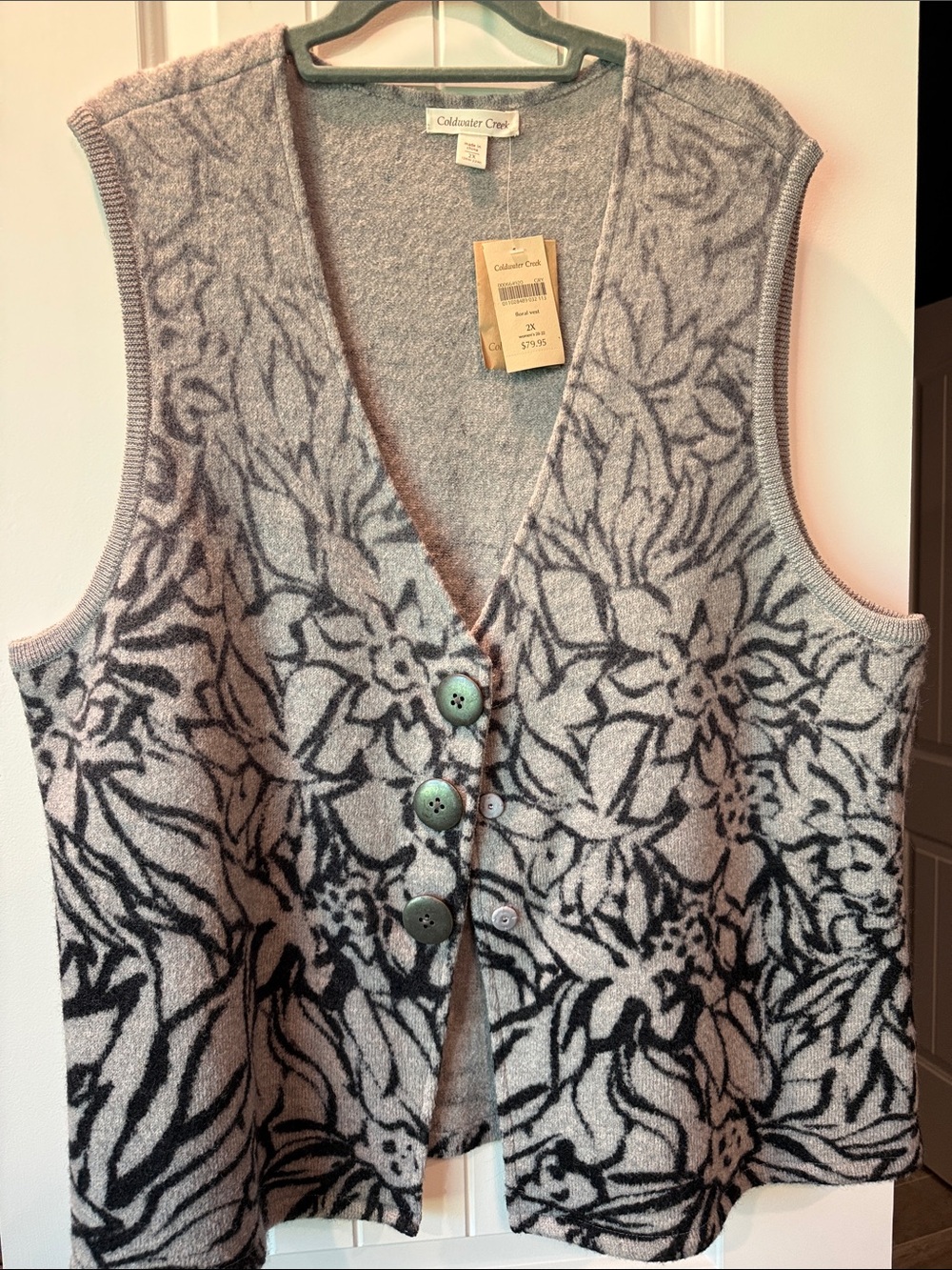 Coldwater Creek Gray Floral Knit Button Vest